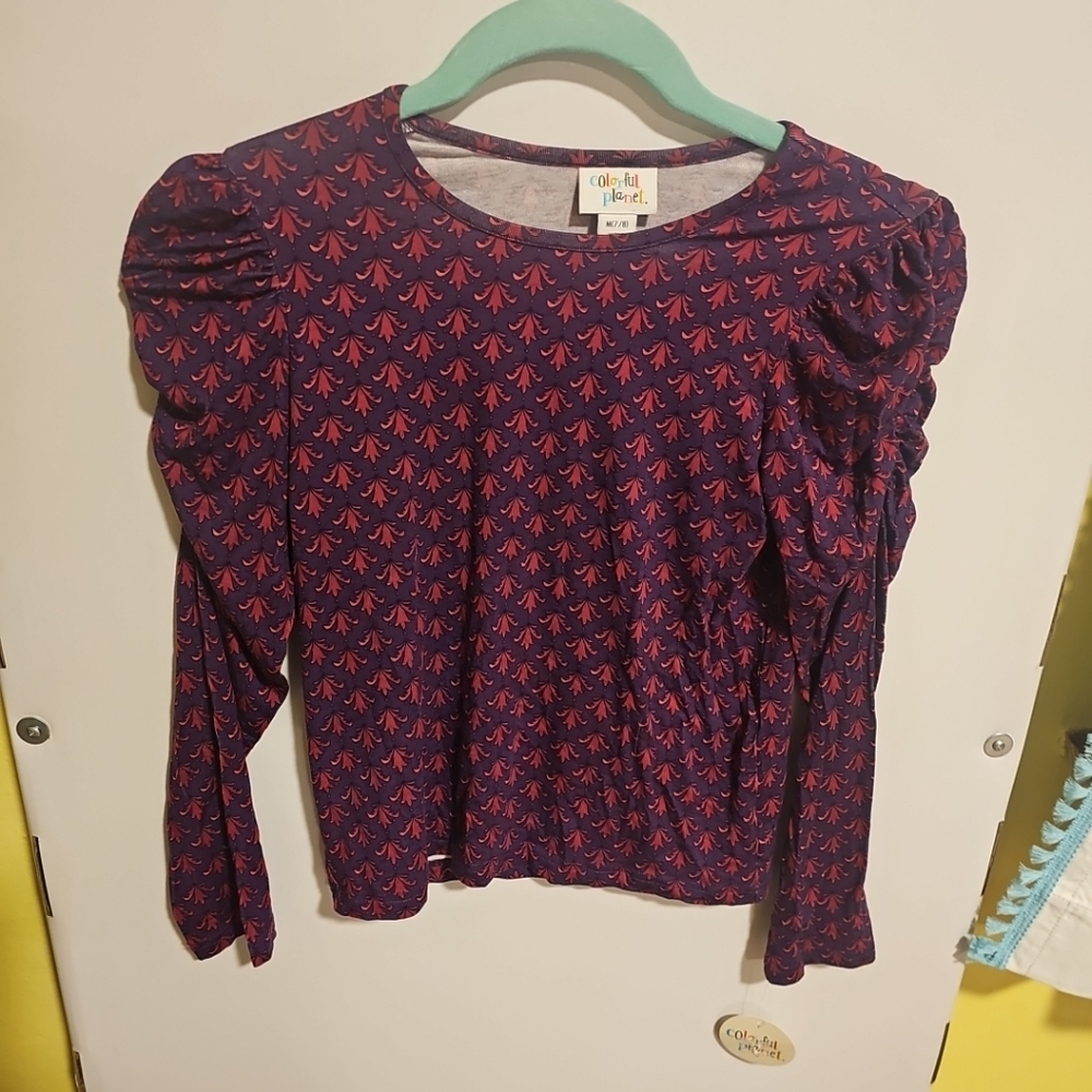 NWT Girls M(7/8) Colorful Planet Cinched  Long Sleeves Rayon Blouse Purple